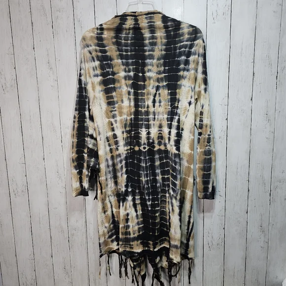 Soft Surrounding Women's Tan Black Tie Dye Fringe Drape Cardigan Size Medium. - Picture 9 of 10
